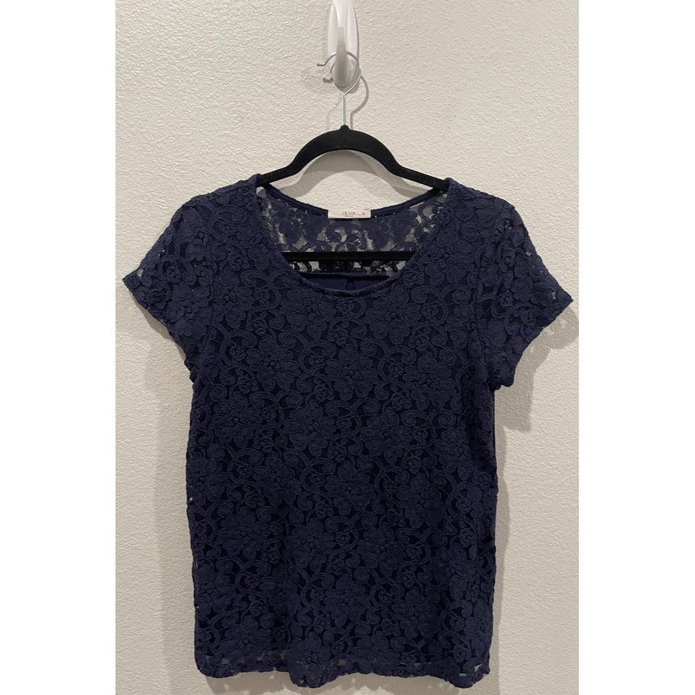 LE LIS Navy Blue Lace Short Sleeve Blouse